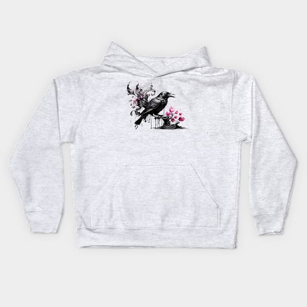 Ink Crow and sakura - Ink dripping effect Kids Hoodie by PrintSoulDesigns